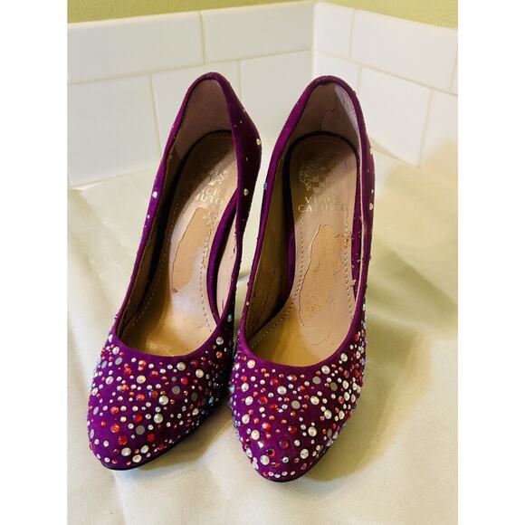 Vince Camuto’s Purple Rhinestone Studded Heels Suede - Picture 2 of 9